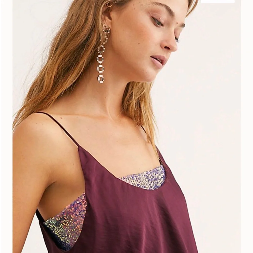 Free People Turn It On Cami Plum Satin Layered Sequin Tank Top Size S